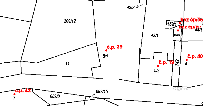 Střezimíř 39 na parcele st. 5/1 v KÚ Střezimíř, Katastrální mapa