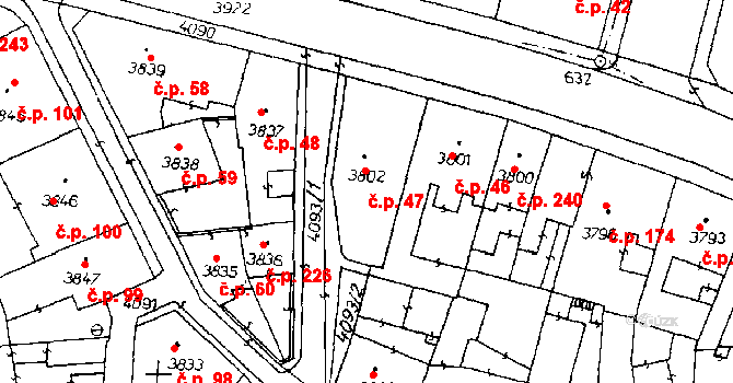 Poděbrady III 47, Poděbrady na parcele st. 3802 v KÚ Poděbrady, Katastrální mapa
