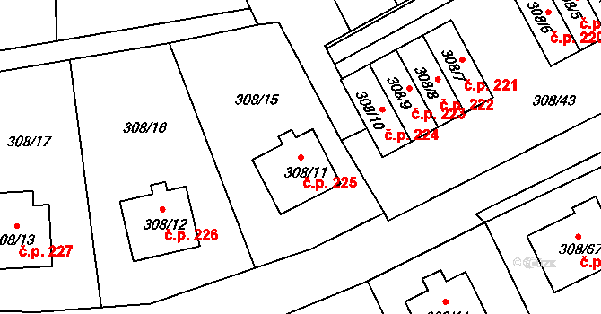 Radonice 225 na parcele st. 308/11 v KÚ Radonice u Kadaně, Katastrální mapa