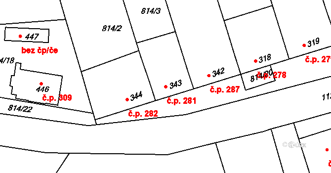 Rouchovany 281 na parcele st. 343 v KÚ Rouchovany, Katastrální mapa