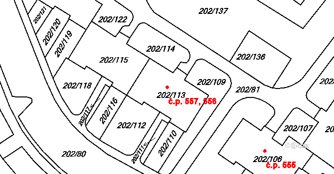 Frýdek 556,557, Frýdek-Místek na parcele st. 202/113 v KÚ Frýdek, Katastrální mapa