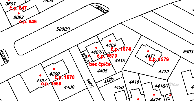 Záběhlice 1573, Praha na parcele st. 4407/1 v KÚ Záběhlice, Katastrální mapa