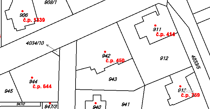 Modřany 450, Praha na parcele st. 942 v KÚ Modřany, Katastrální mapa