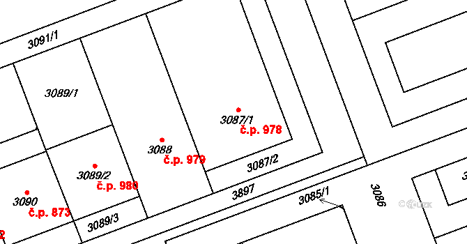 Libeň 978, Praha na parcele st. 3087/1 v KÚ Libeň, Katastrální mapa