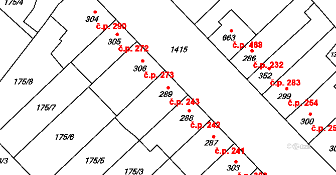 Chválkovice 243, Olomouc na parcele st. 289 v KÚ Chválkovice, Katastrální mapa