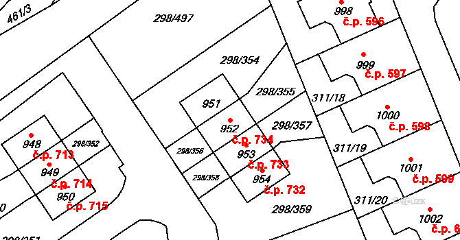 Horoměřice 734 na parcele st. 952 v KÚ Horoměřice, Katastrální mapa