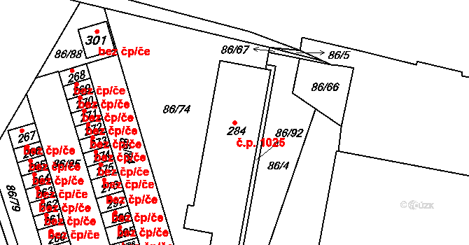Borovina 1025, Třebíč na parcele st. 284 v KÚ Řípov, Katastrální mapa