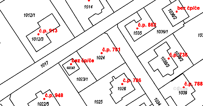 Šluknov 791 na parcele st. 1024 v KÚ Šluknov, Katastrální mapa