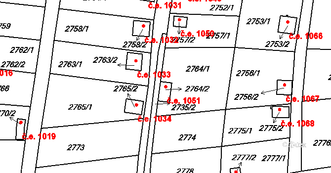 Bystřice nad Pernštejnem 1051 na parcele st. 2764/2 v KÚ Bystřice nad Pernštejnem, Katastrální mapa
