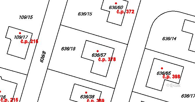 Červený Hrádek 378, Plzeň na parcele st. 636/57 v KÚ Červený Hrádek u Plzně, Katastrální mapa