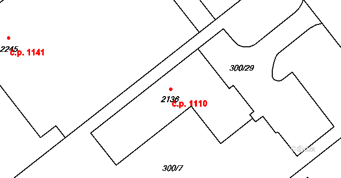 Podklášteří 1110, Třebíč na parcele st. 2136 v KÚ Podklášteří, Katastrální mapa