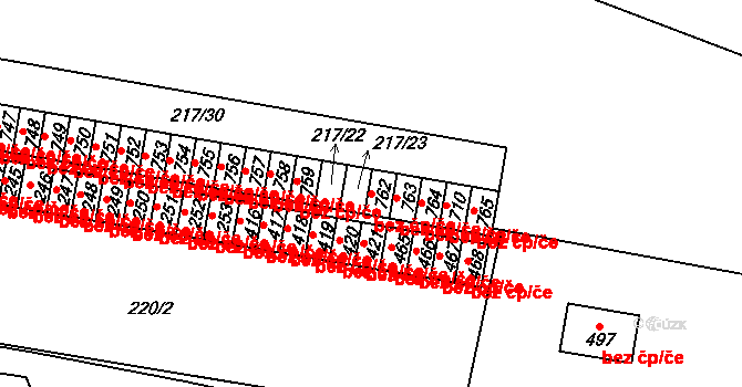Hrádek 43339573 na parcele st. 762 v KÚ Nová Huť, Katastrální mapa