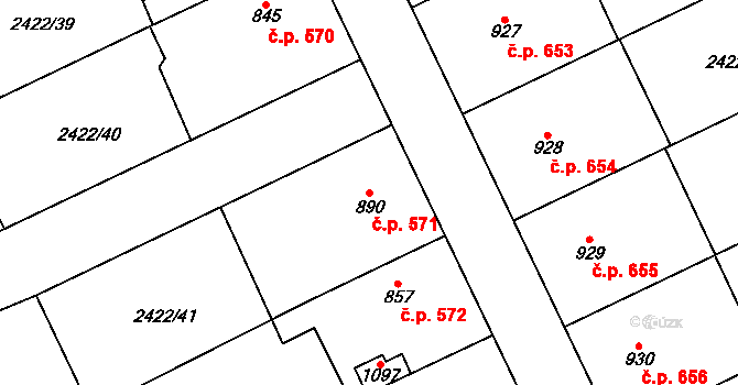 Polešovice 571 na parcele st. 890 v KÚ Polešovice, Katastrální mapa