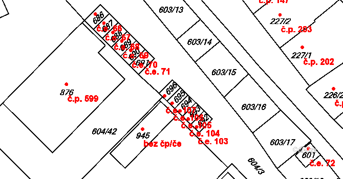 Lysice 107 na parcele st. 696 v KÚ Lysice, Katastrální mapa