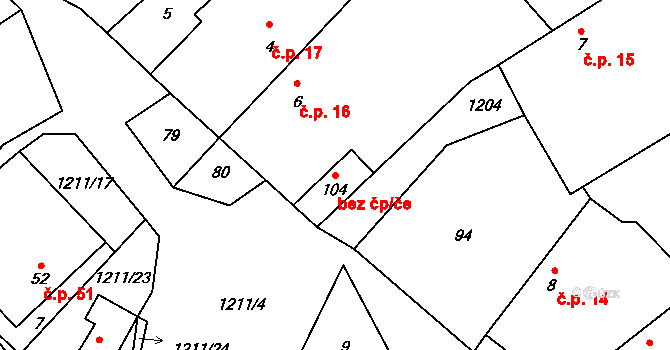 Kaliště 49554573 na parcele st. 104 v KÚ Kaliště u Horních Dubenek, Katastrální mapa