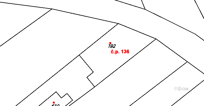 Hornická Čtvrť 136, Chvaletice na parcele st. 192 v KÚ Chvaletice, Katastrální mapa