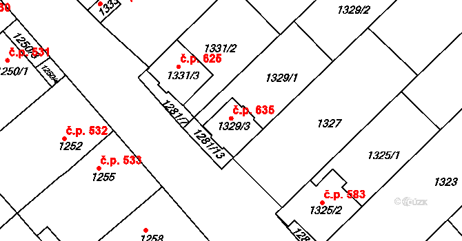 Hrušky 635 na parcele st. 1329/3 v KÚ Hrušky, Katastrální mapa