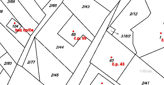 Housko 59, Vysočany na parcele st. 65 v KÚ Housko, Katastrální mapa