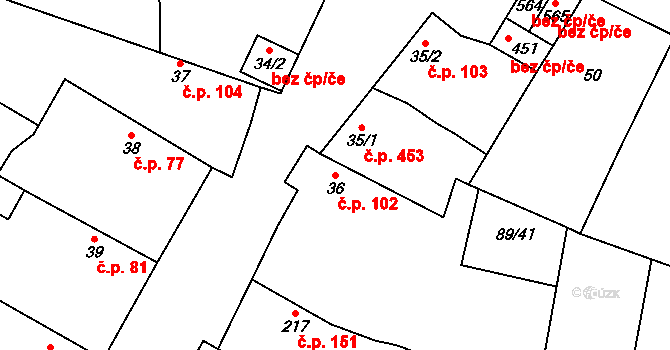 Řevničov 102 na parcele st. 36 v KÚ Řevničov, Katastrální mapa