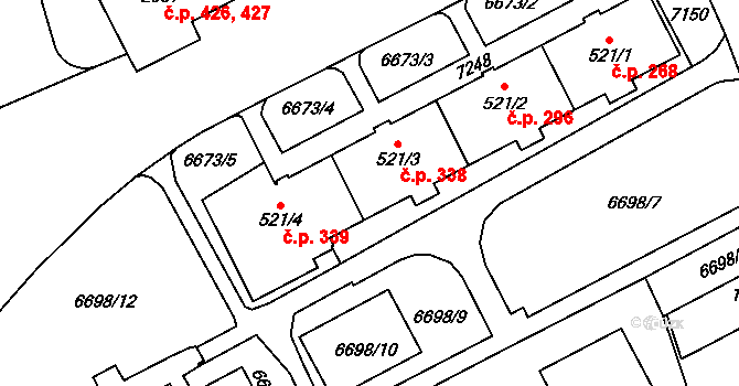 Žatec 338 na parcele st. 521/3 v KÚ Žatec, Katastrální mapa