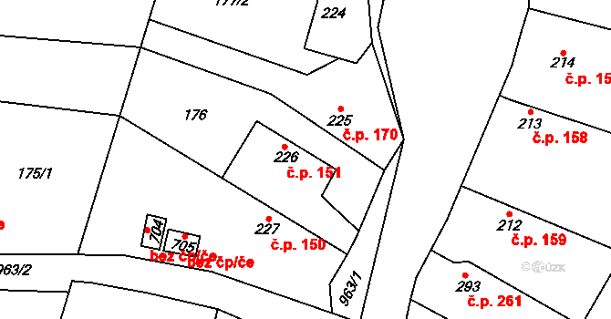 Rožďalovice 151 na parcele st. 226 v KÚ Rožďalovice, Katastrální mapa