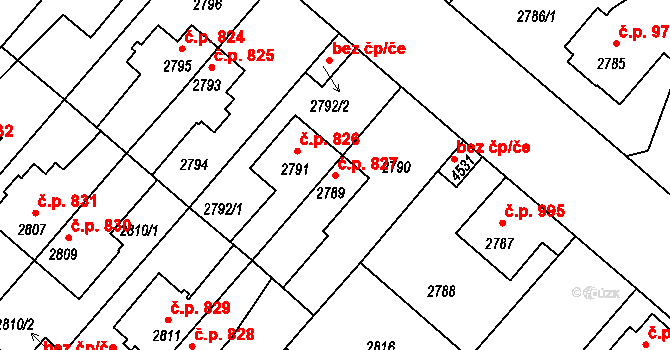 Čelákovice 827 na parcele st. 2789 v KÚ Čelákovice, Katastrální mapa