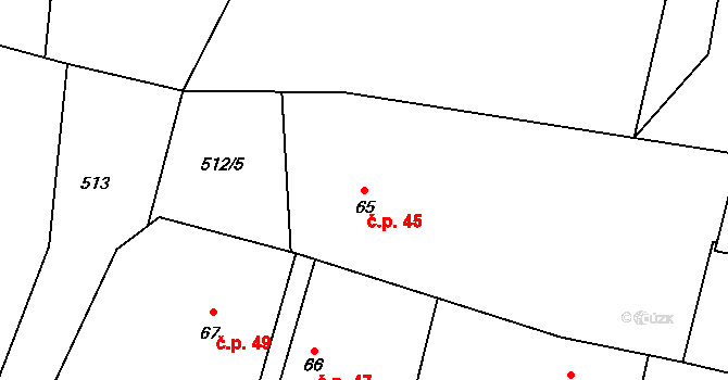 Klučenice 45 na parcele st. 65 v KÚ Klučenice, Katastrální mapa