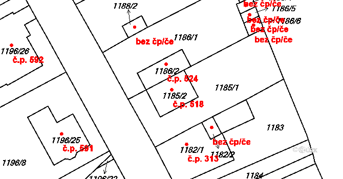 Proboštov 518 na parcele st. 1185/2 v KÚ Proboštov u Teplic, Katastrální mapa