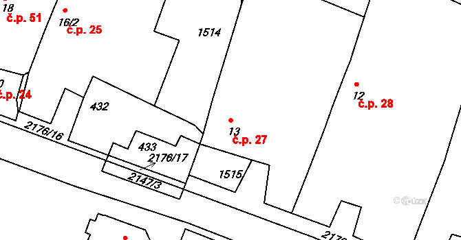 Chotěbudice 27 na parcele st. 13 v KÚ Chotěbudice, Katastrální mapa