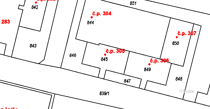 Pudlov 305, Bohumín na parcele st. 845 v KÚ Pudlov, Katastrální mapa