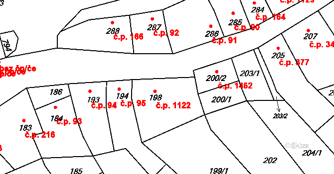 Bystrc 1122, Brno na parcele st. 198 v KÚ Bystrc, Katastrální mapa