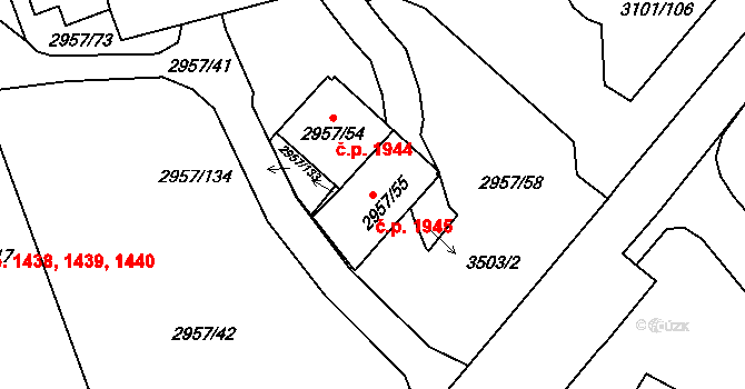 Pelhřimov 1945 na parcele st. 2957/55 v KÚ Pelhřimov, Katastrální mapa