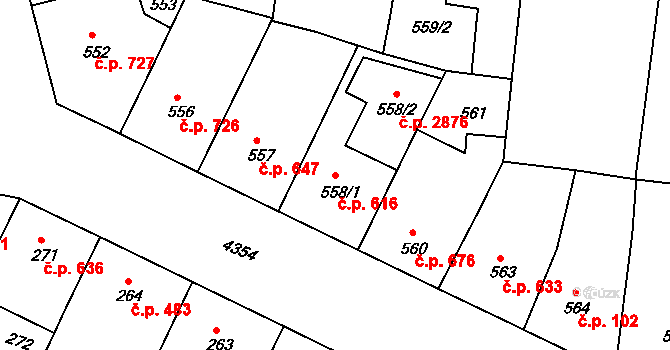 Žižkov 616, Praha na parcele st. 558/1 v KÚ Žižkov, Katastrální mapa
