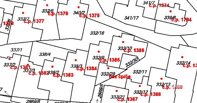 Braník 1385, Praha na parcele st. 332/9 v KÚ Braník, Katastrální mapa
