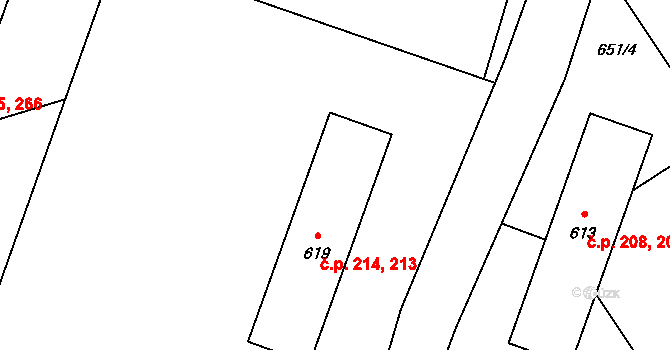Jince 213,214 na parcele st. 619 v KÚ Jince, Katastrální mapa