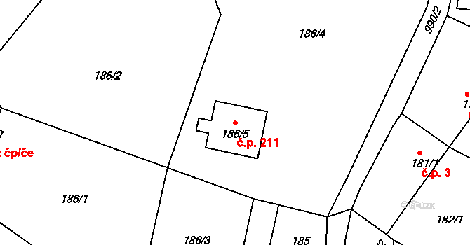 Řícmanice 211 na parcele st. 186/5 v KÚ Řícmanice, Katastrální mapa