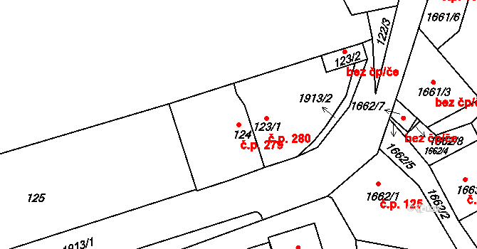 Černice 279, Plzeň na parcele st. 124 v KÚ Černice, Katastrální mapa