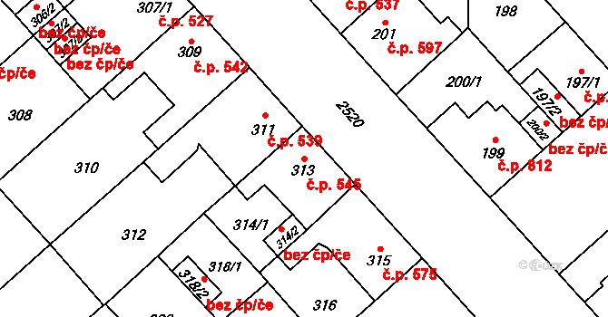Doubravka 545, Plzeň na parcele st. 313 v KÚ Doubravka, Katastrální mapa