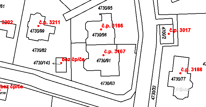 Teplice 3167 na parcele st. 4730/91 v KÚ Teplice, Katastrální mapa