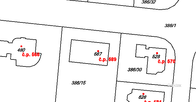 Zvole 589 na parcele st. 687 v KÚ Zvole u Prahy, Katastrální mapa