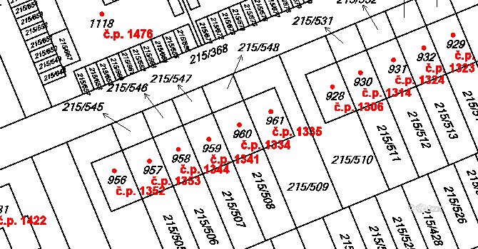 Rudná 1334 na parcele st. 960 v KÚ Hořelice, Katastrální mapa