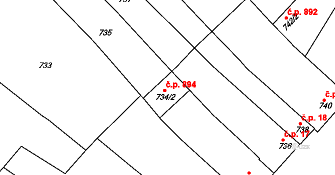 Veselí nad Lužnicí II 894, Veselí nad Lužnicí na parcele st. 734/2 v KÚ Veselí nad Lužnicí, Katastrální mapa