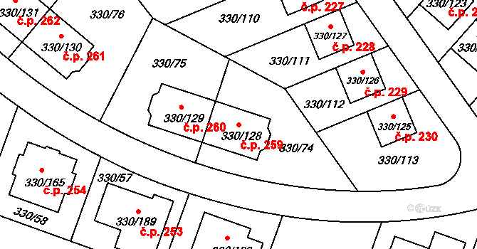 Hlušovice 259 na parcele st. 330/128 v KÚ Hlušovice, Katastrální mapa