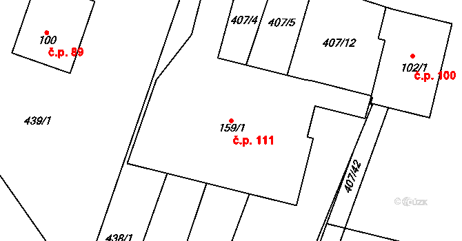 Kobeřice 111, Hradčany-Kobeřice na parcele st. 159/1 v KÚ Kobeřice, Katastrální mapa