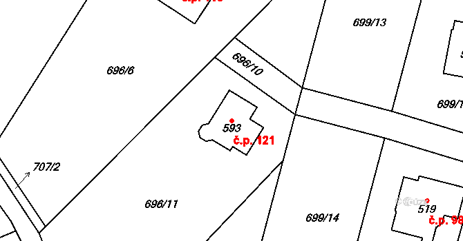 Radvánovice 121, Karlovice na parcele st. 593 v KÚ Karlovice, Katastrální mapa