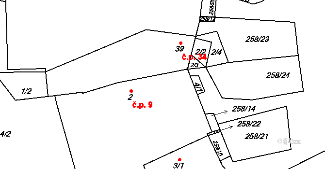Skorotice 9 na parcele st. 2 v KÚ Skorotice, Katastrální mapa