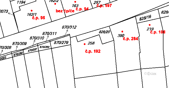 Louky 192, Zlín na parcele st. 258 v KÚ Louky nad Dřevnicí, Katastrální mapa