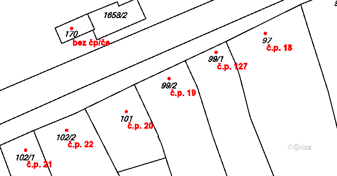Chvalkovice 19 na parcele st. 99/2 v KÚ Chvalkovice, Katastrální mapa