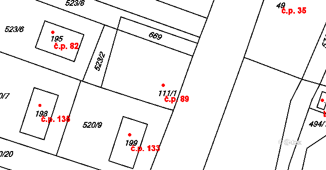 Krupá 89 na parcele st. 111/1 v KÚ Krupá u Kostelce nad Černými Lesy, Katastrální mapa