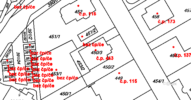 Průhonice 443 na parcele st. 450/3 v KÚ Průhonice, Katastrální mapa